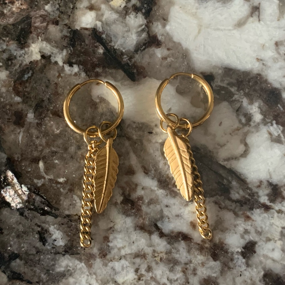 Gold Plated Stainless Steel Feather Chain Dangle Hoop Earrings